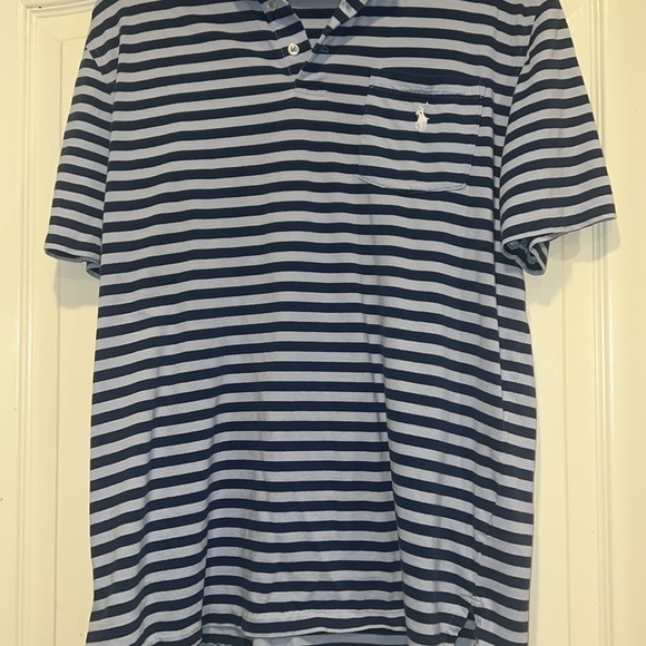 Men’s 90s Style Baby Blue & Navy Striped Cotton Polo Shirt - Picture 3 of 4